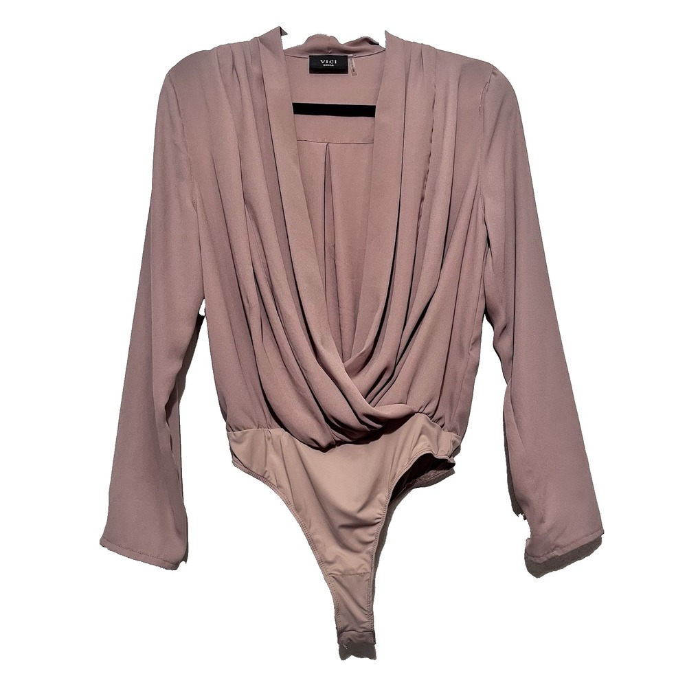VICI Bodysuit Womens Mauve Taupe Draped Surplice Long Sleeve Small